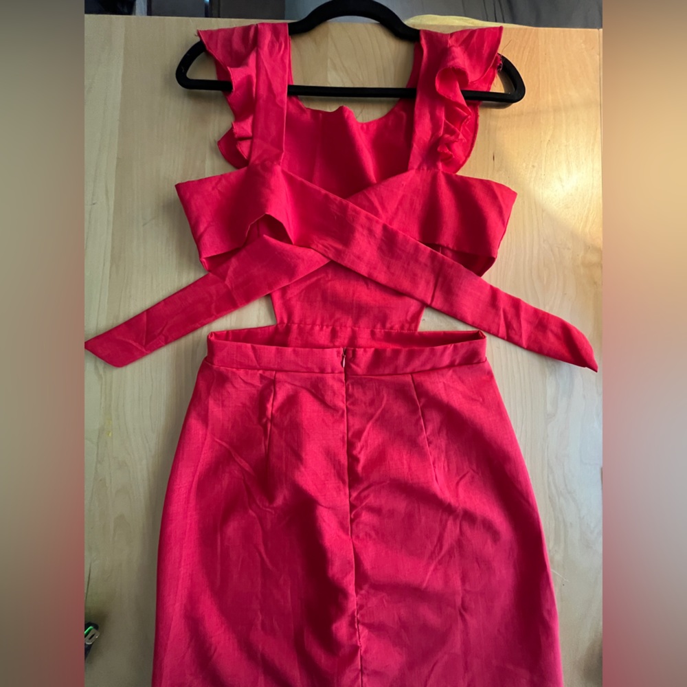 Red cute dress short sleeve ruffles backless size S